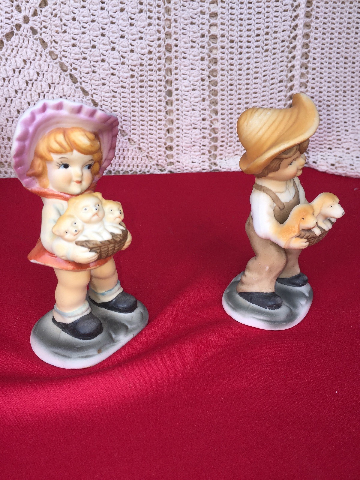 Vintage Homco Country Farm Little Girl & Cats Little Boy & Puppies Figurine SET