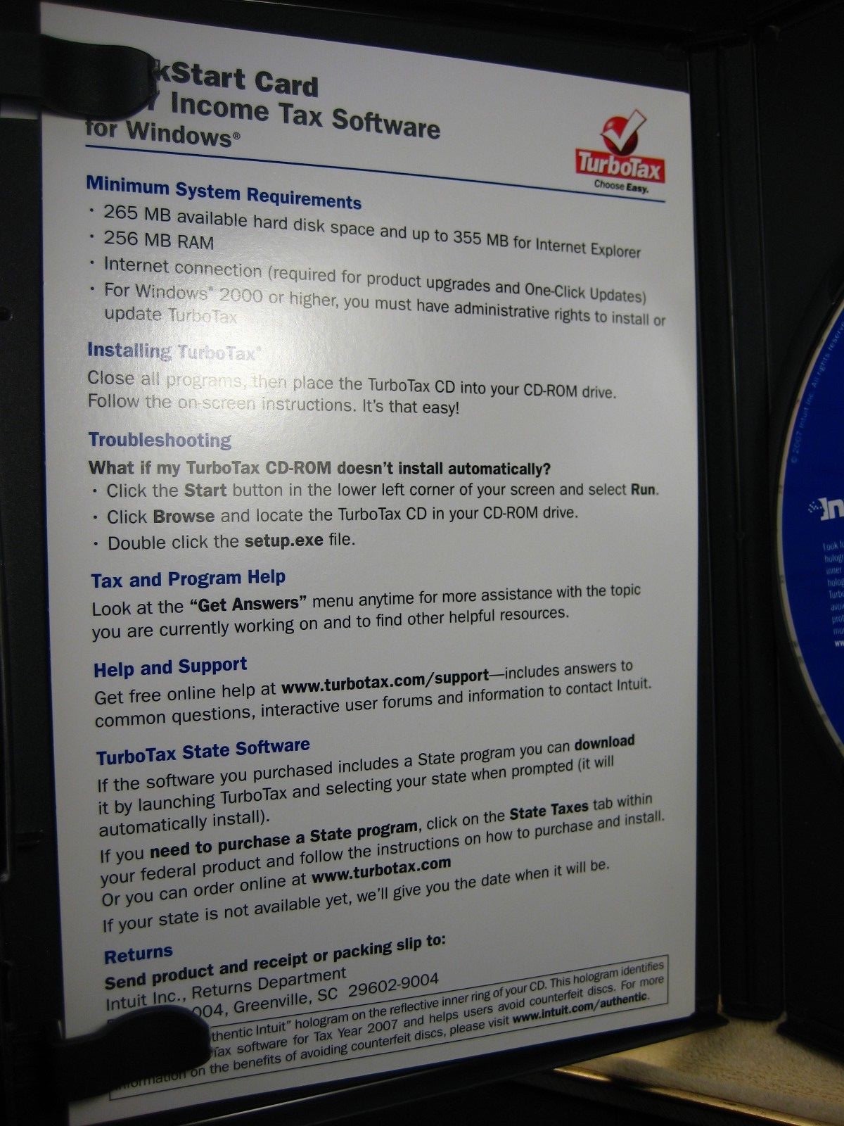 2007 TurboTax Federal Deluxe w/State Turbo Tax Software Mac Windows CD