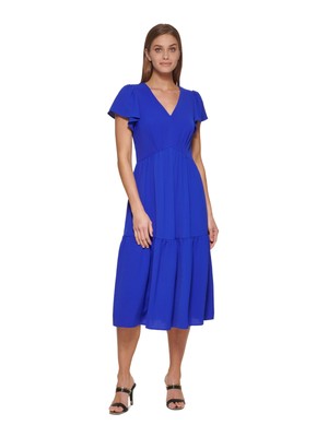 

DKNY Женская синяя юбка на подкладке с коротким рукавом и расклешенным платьем Petites, Синий