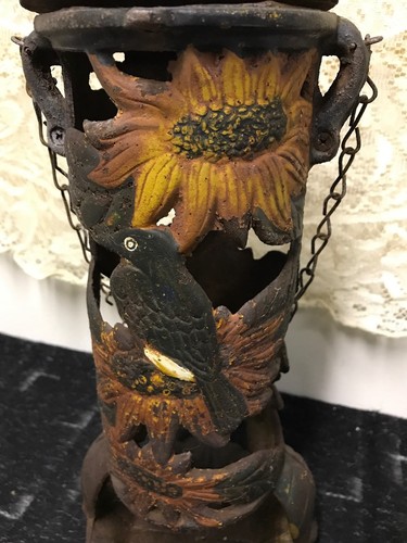 Vintage Cast Iron Bird Feeder, Rare, Original Chain, Old Piece, Colorful