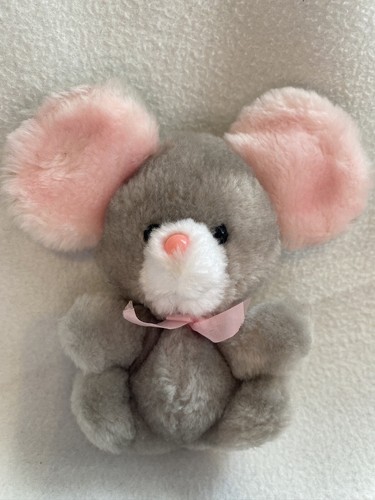 Vintage Russ Berrie Mouse Plush Stuffed Animal Toy Friend Gray Pink Cute