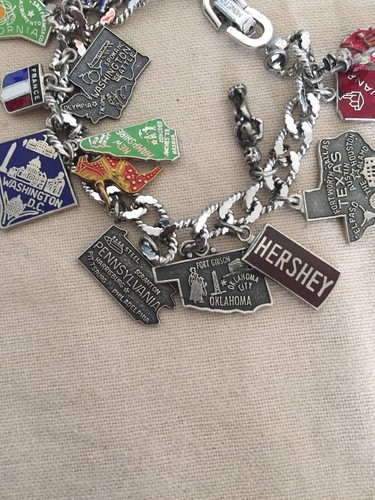 Vintage Silver Monet Charm Bracelet - 15 Charms - U.S. States Road Trip.