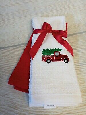 New! Red Old Farm Truck with Christmas Tree KITCHEN DISH TOWEL Set of 2 Holiday
