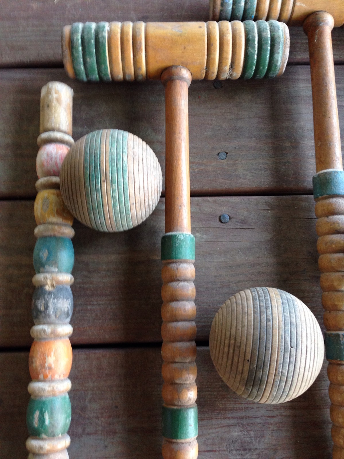Vintage Wood Croquet Set ~ Balls, Mallets Spiraled Old Paint Primitive Man Cave