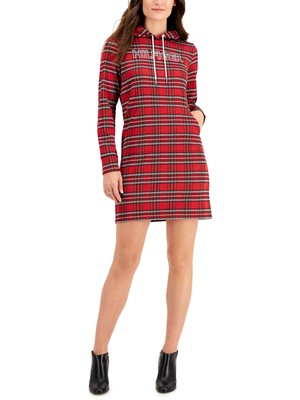 

TOMMY HILFIGER Женское красное платье с капюшоном, пуловер, короткое платье в клетку L\G, Красный