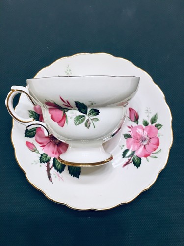 VTG Rosina PINK English Roses Gilded Fine Bone China Footed Teacup Saucer