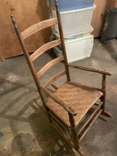 19TH C ANTIQUE SHAKER LADDER-BACK WOOD-SPLINT  SEAT MUSHROOM ARM  ROCKING CHAIR