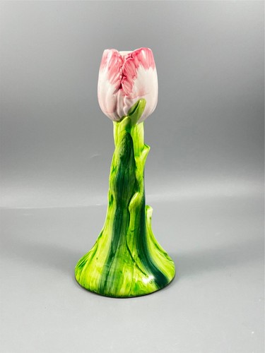 Ceramic Hand Painted Pink Tulip Candlestick Taper Candle Holder 7.5