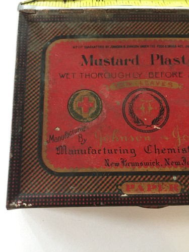 Vintage Mustard Plaster Paper Leaves Johnson Johnson Tin New Jersey