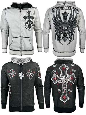 Xtreme Couture By Affliction Reversible Zip Up Men's Hoodie Glorious Cross S-3XL