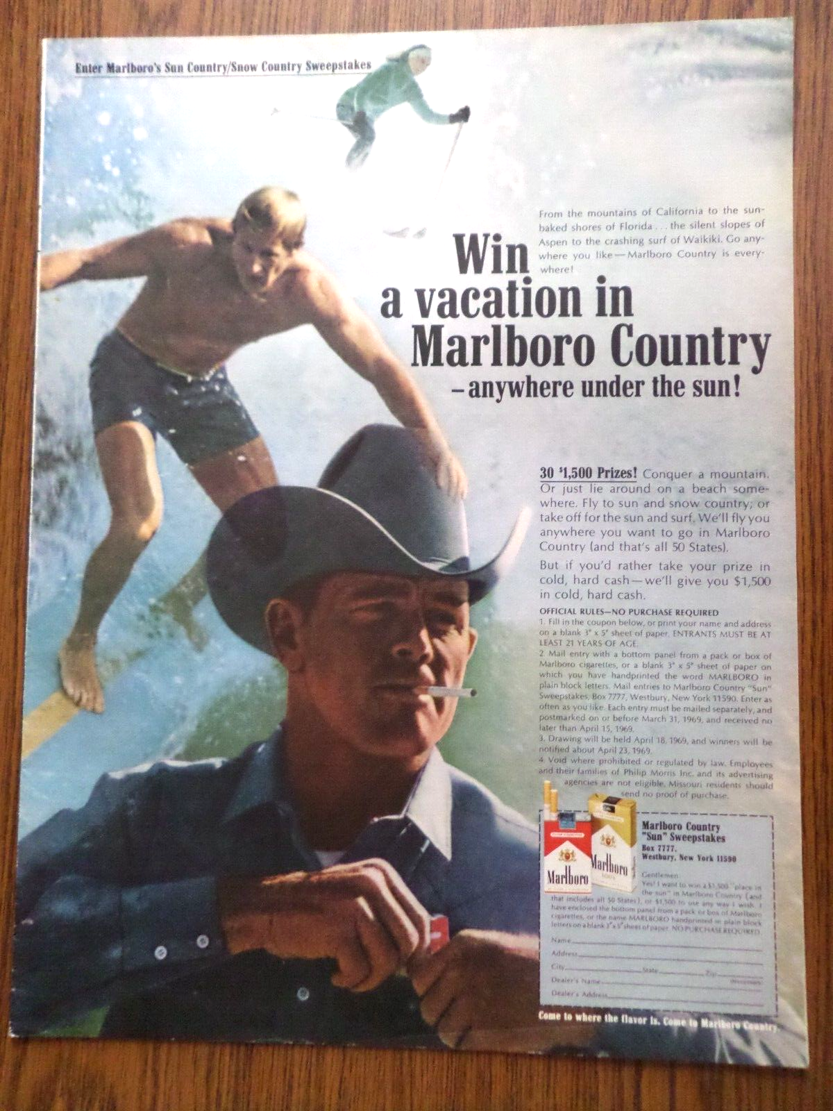 1969 Marlboro Man Country Cigarette Ad Smoking Cowboy Surfer 