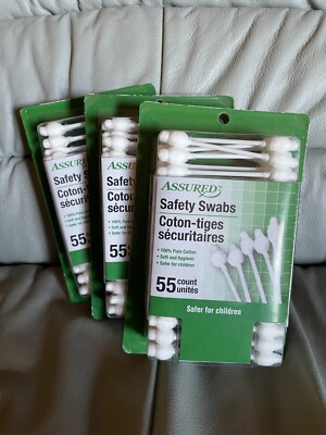 (165) ASSURED SAFTY Swabs WHITE 100% Cotton 3'' LONG (3) Packs/55 Each