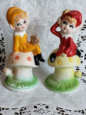 Vintage Pixie Elves on Mushroom Figurines Taiwan