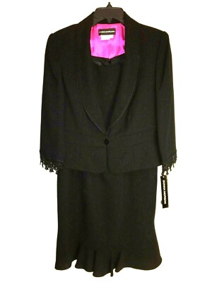 Donna Morgan Black Spaghetti Strap Dress + Matching Lace Trimmed Jacket 12 NWTS!