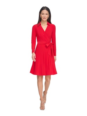 DKNY Womens Red Self-tie Belt Long Sleeve Above The Knee Faux Wrap Dress 14