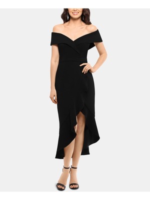 XSCAPE Womens Short Sleeve Off Shoulder Above The Knee Evening Hi-Lo Dress