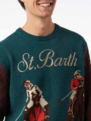 Pre-owned Mc2 Saint Barth Man Crewneck Donegal Sweater With Polo Jacquard Print In Green