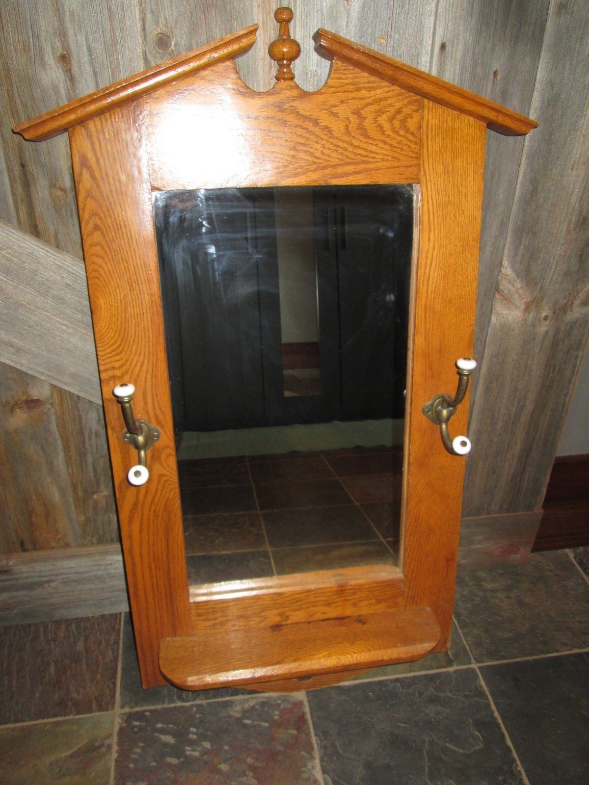Antique Arts & Crafts Oak Framed Wall Mirror w/2 Brass Hooks = shelf 39