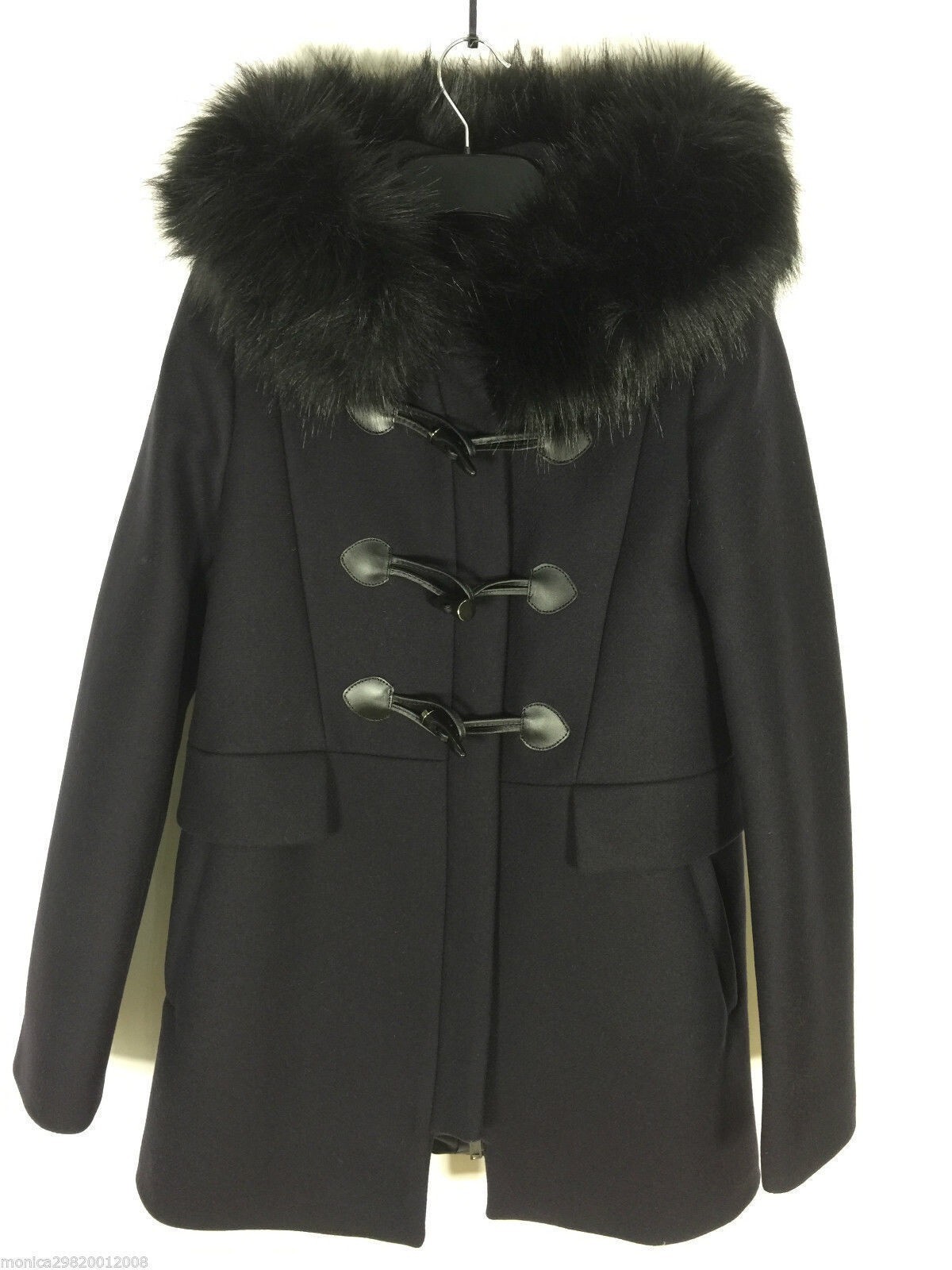 RARE ZARA NAVY DUFFLE COAT WITH FUR HOOD JACKET BLOGGERS POCKETS