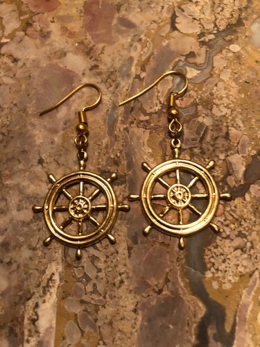 VINTAGE Ship Wheel Nautical Stamped Relief Hook Dangle EARRINGS 24KT.GOLD PL