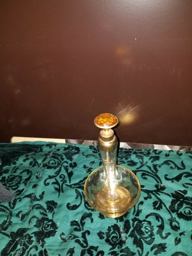 Antique Perfume Bottle Atomizer Irredescent Gold with Topaz Stone on Metal Pump