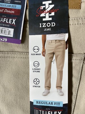IZOD Jeans Mens Stretch Knit Denim 5 Pocket Ultra Flex 40 38 36 Blue Tan FREE SH