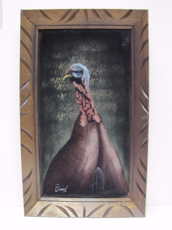 TURKEY on VELVET Vintage Oil Painting Unusual Signed Retro Thanksgiving