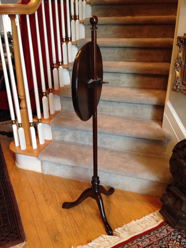 Antique Tripodal Pole Fire Screen Needlepoint Mahogany WILD BIRD