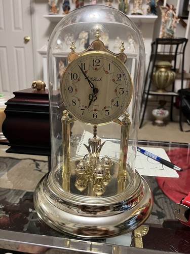 Vintage  Concordia Mantle Glass Dome Anniversary Clock 12”W Floral Face