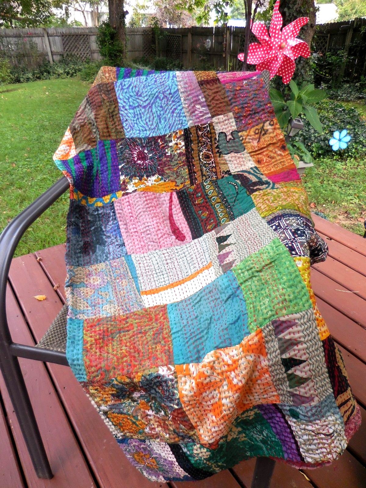 Taj Hotel Silk Kantha Quilt Throw ~ New ~Handmade ~  Multi Color ~ Moorebank ~
