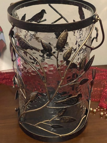 Canister Tree Bird Silhouette Glass Metal Bronze 10