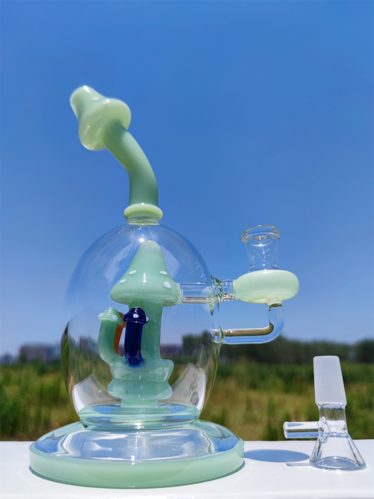 8" Cream Heavy Green Mushroom Recycler Glass Bong 14mm Bowl Water Pipes Hookah