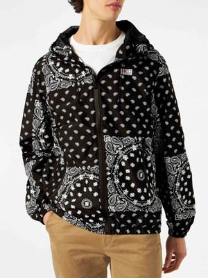 Pre-owned Mc2 Saint Barth Man Hooded Lightweight Windbreaker With Bandanna Print In Black