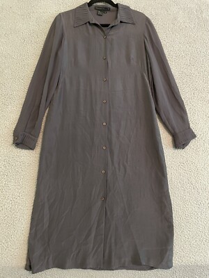 Perry Ellis 100% Silk Button Up Shirt Dress Gray Pleated Cuffs Collar Size 6