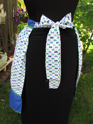 Vintage Cotton Print Apron with Shades of Blue and Green Butterflies & Rick Rack