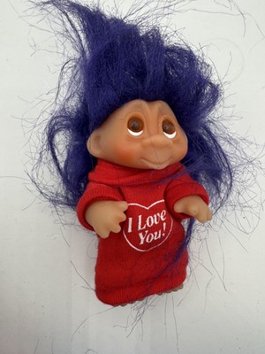 Vintage DAM Mini Troll Doll 1985 Pink Cheeks Purple Hair Red Long shirt I Love U