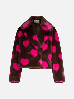 Pre-owned Saint Barth Mc2  Woman Furry Short Jacket With Heart Print In Brown