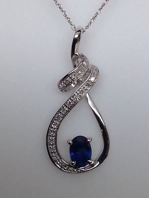 10K White Gold Oval Shape Blue Sapphire and Diamond Accent Pendant September New