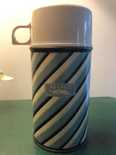 1963 Vintage Keapsit Blue Cream Black Stripe Half Pint Vacuum Thermos With Label