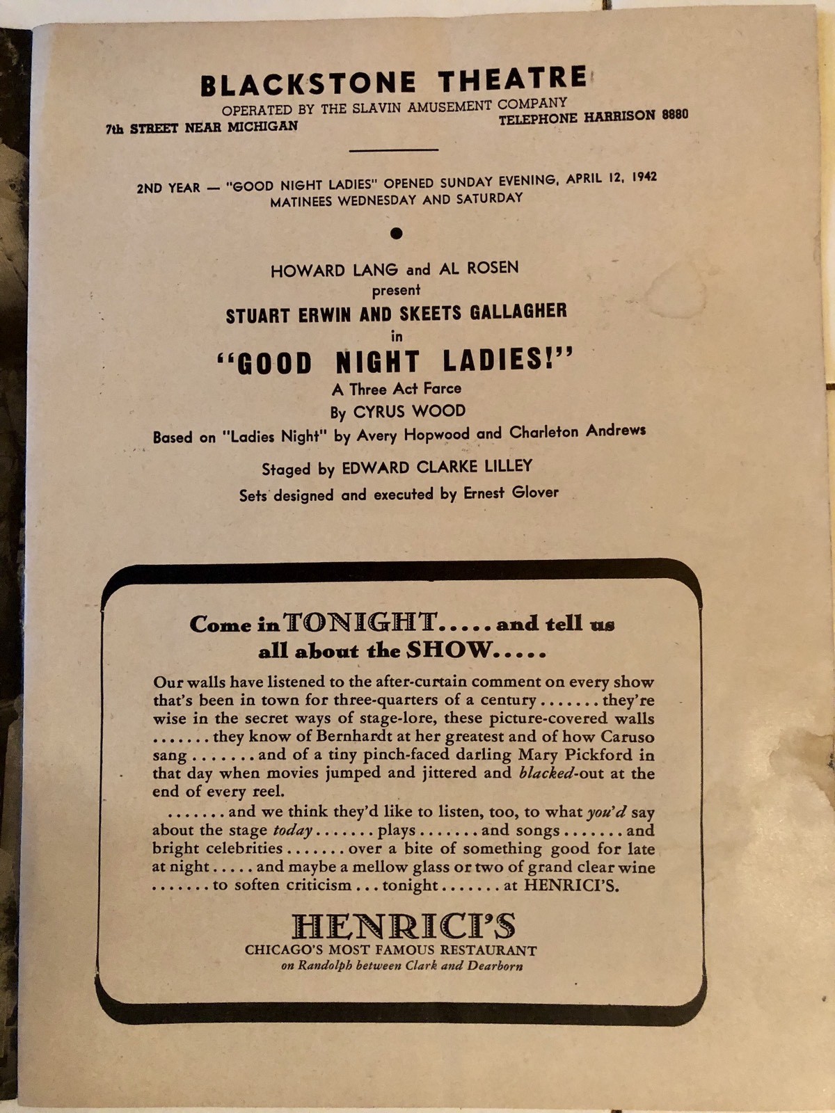 Vintage Chicago Stagebill Good Night Ladies Blackstone Theatre 1942