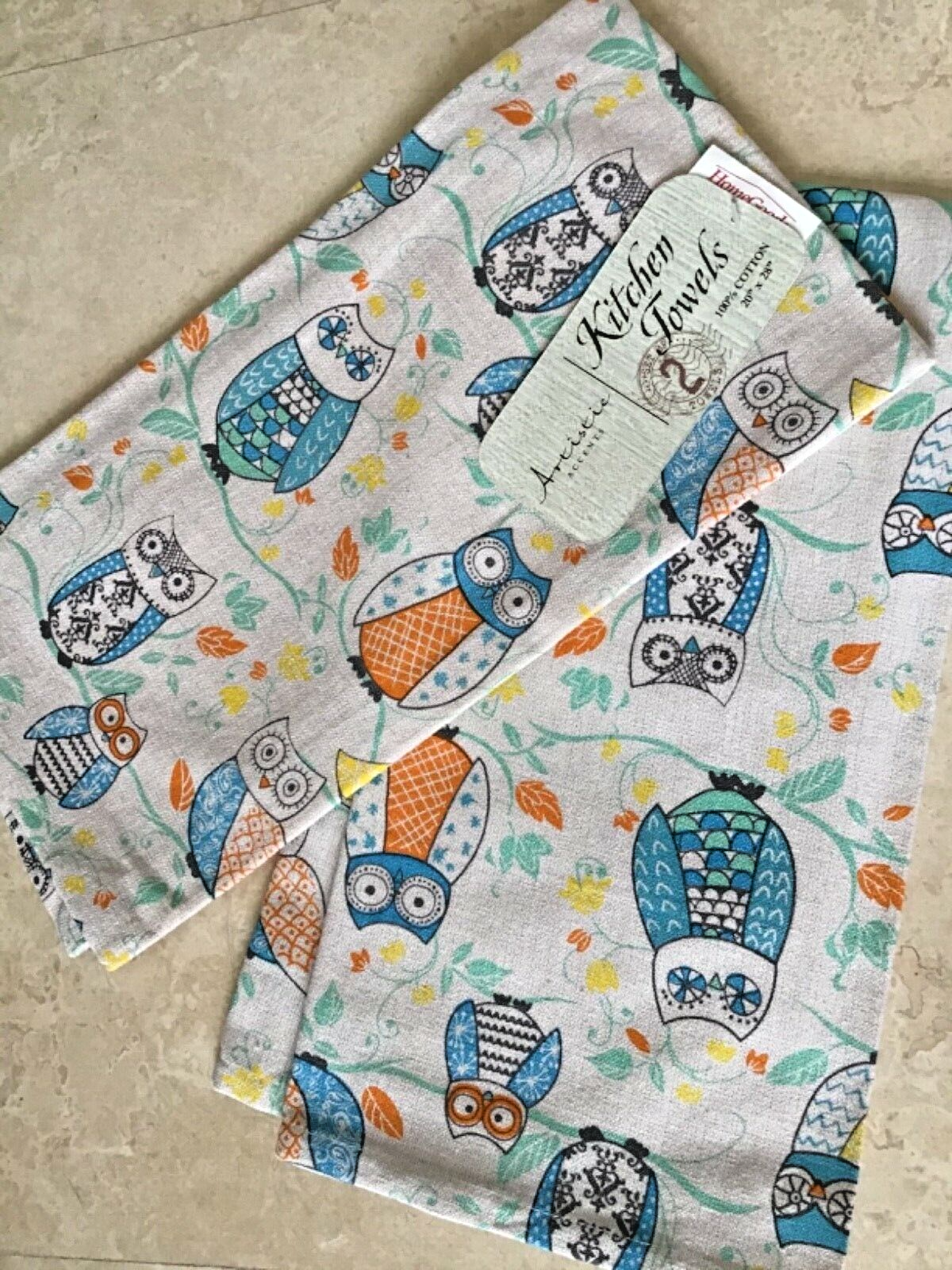 ARTISTIC ACCENTS KITCHEN TOWELS (2)  OWLS TURQUOISE ORANGE YELLOW 20 X 28 NIP