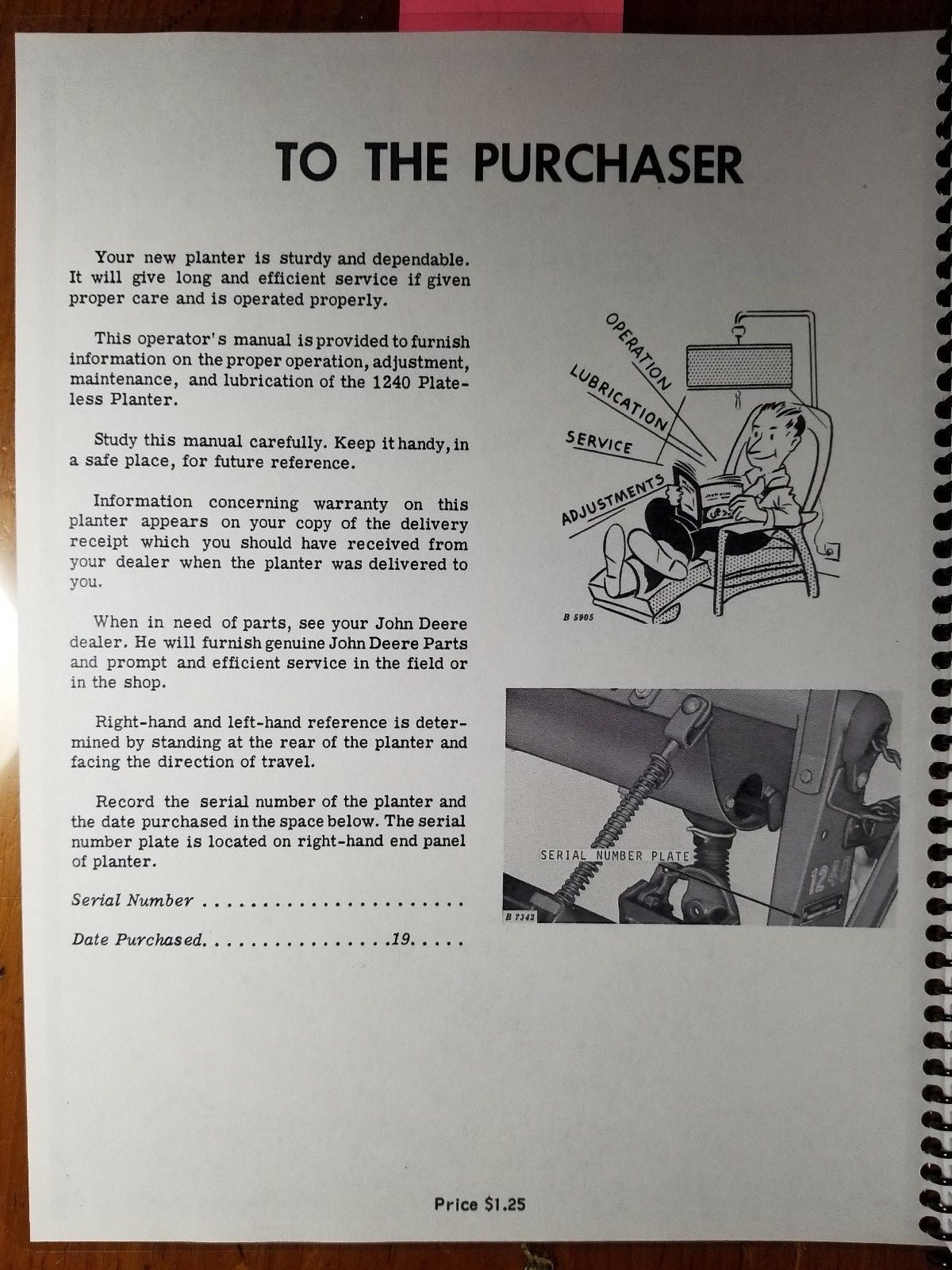John Deere 1240 Plateless Planter S/N -17811 Owner Operator Manual OM-B25457 '68