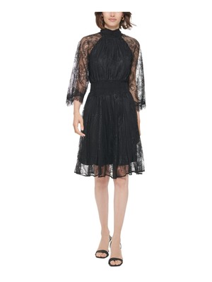 CALVIN KLEIN Womens Black Lined Waist 3/4 Sleeve Fit + Flare Dress 16