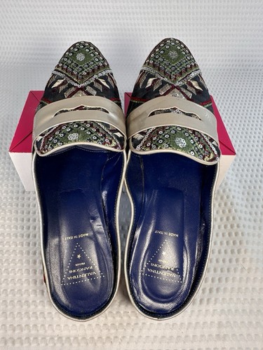 Valentina Rangoni Slide On Sequins Silk Embroidered Blue Leather Shoes Size 7.5N