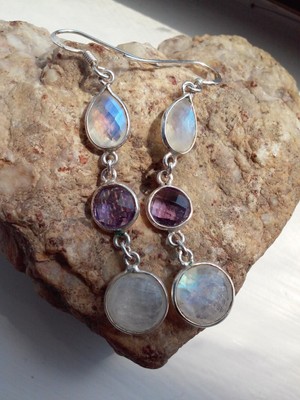 Moonstone & Amethyst REAL 925 Sterling Silver Dangle Pierced Earrings - 4.3g
