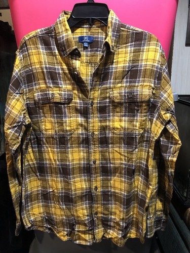 George Mens Yellow & Brown Plaid Long Sleeve Button Up Shirt