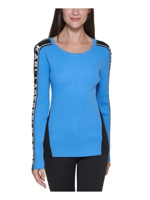 

KARL LAGERFELD PARIS Женский синий пуловер в рубчик с длинным рукавом и круглым вырезом