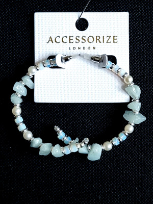 ACCESSORIZE, SILVER TONE, REAL BLUE LACE AGATE & PEARL HALF HOOP EARRINGS 5.5cm