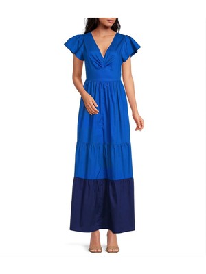 

KENSIE DRESSES Женское синее платье миди без подкладки с пышными рукавами и V-образным вырезом + расклешенное платье, Синий