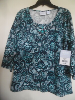 CG-I CG  Women  Navy  Green Beaded Scoop Neck  top Shirt Tunic Sz L